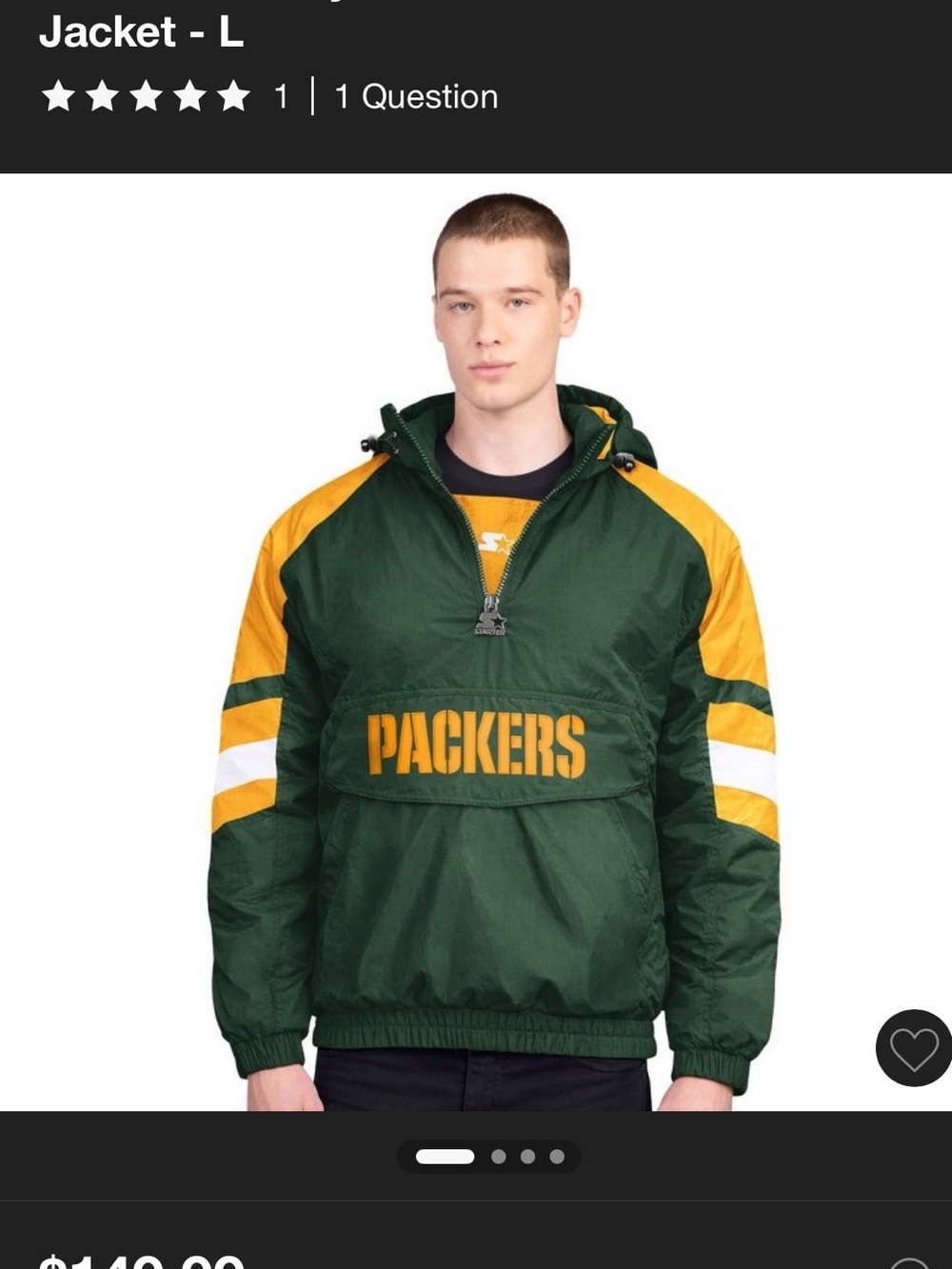 New Starter Green & Gold Packers 1/2 Zip Pullover Jacket